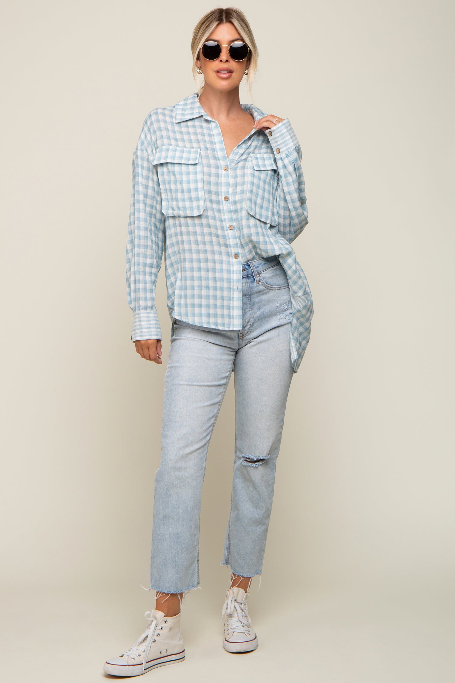 Light Blue Plaid Front Pocket Hi-Low Top