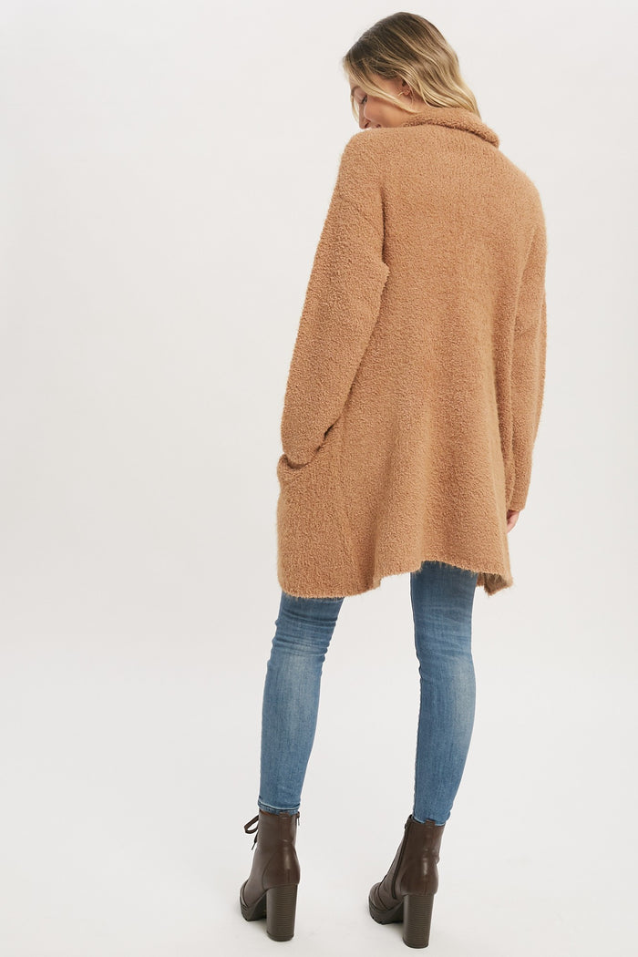 Camel Fuzzy Knit Draped Cardigan