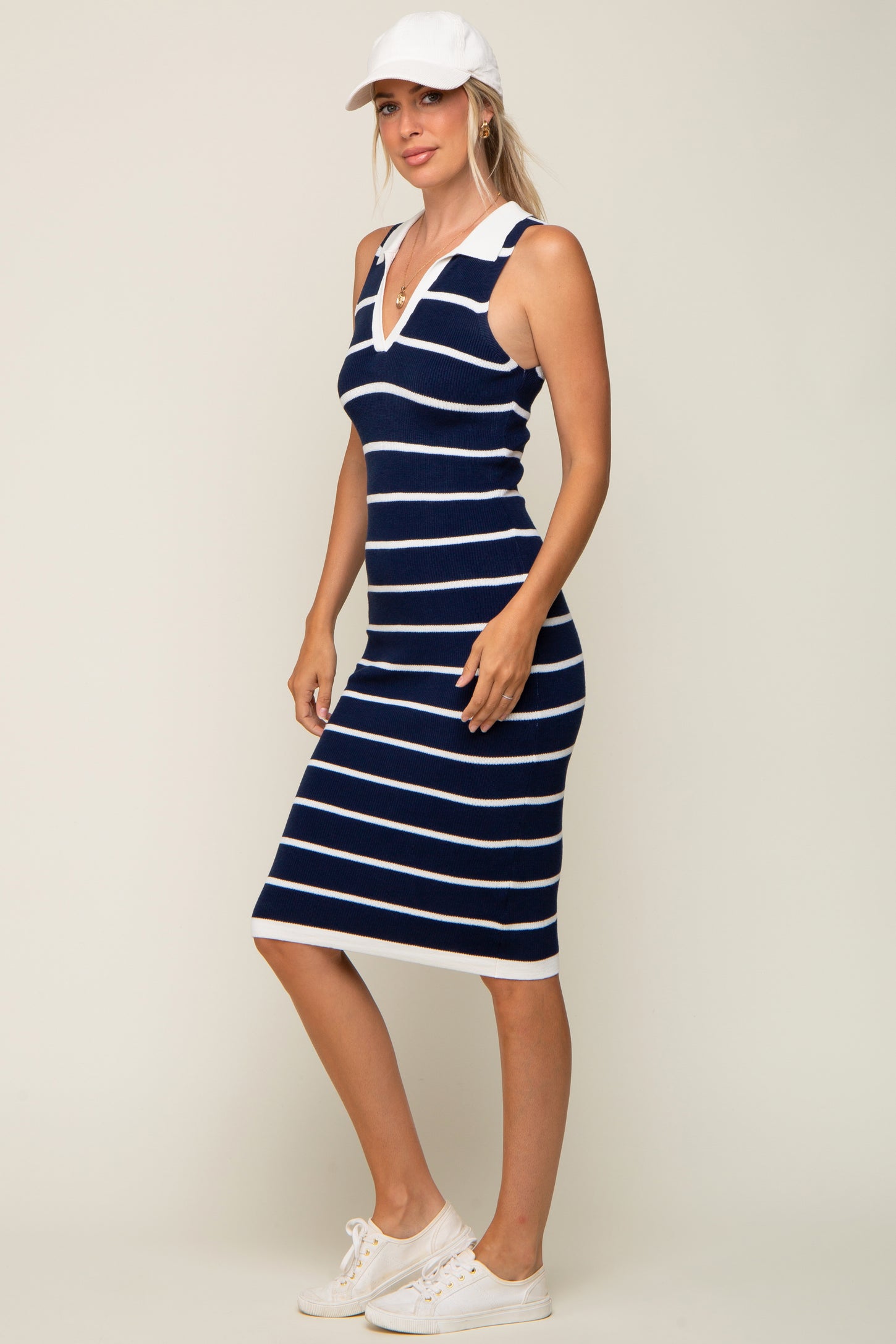 Navy Blue Striped Sleeveless Collared Midi Dress