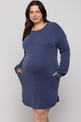 Navy Rib Knit Long Sleeve Maternity Plus Dress