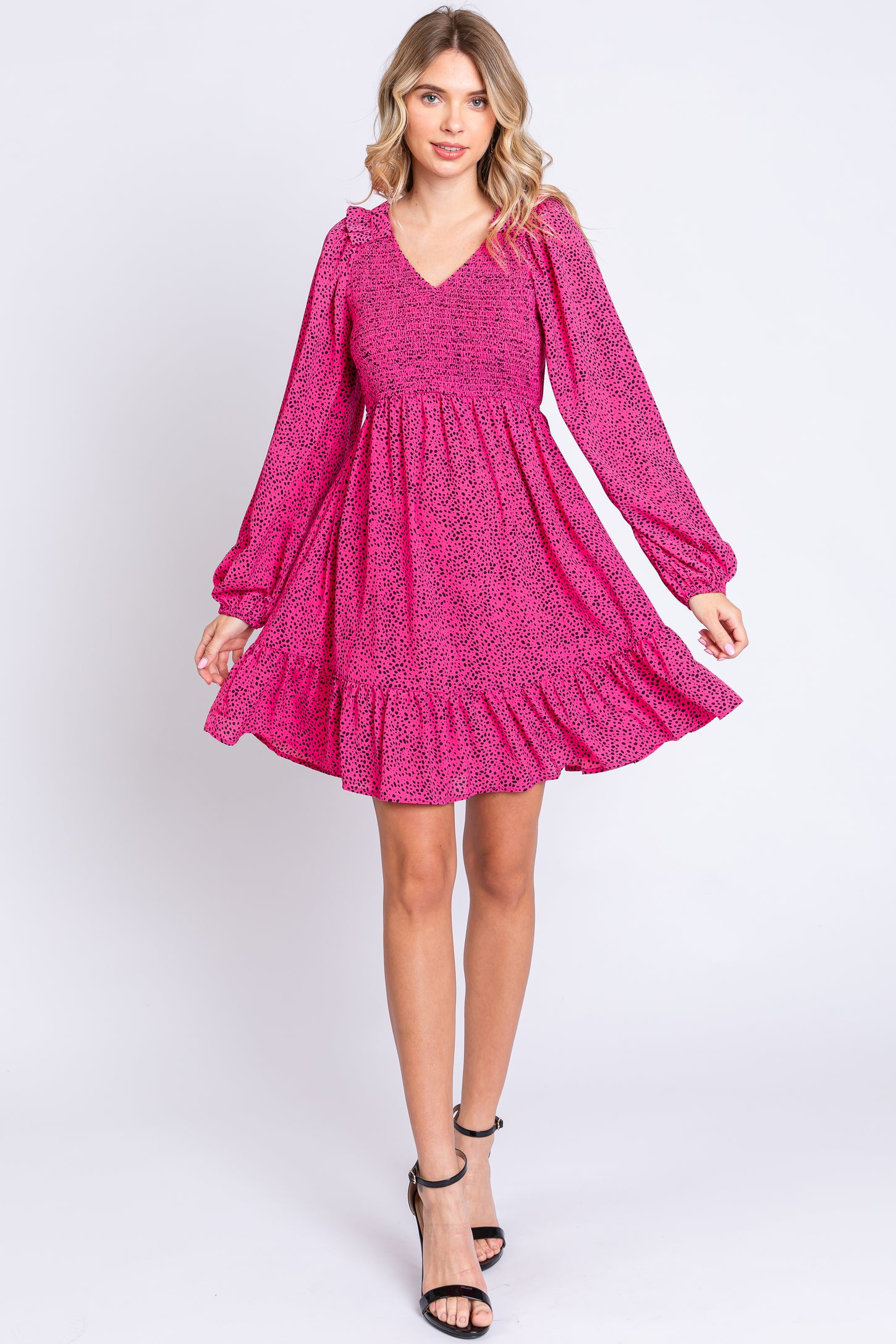 Fuchsia Dot Print Long Sleeve Ruffle Dress