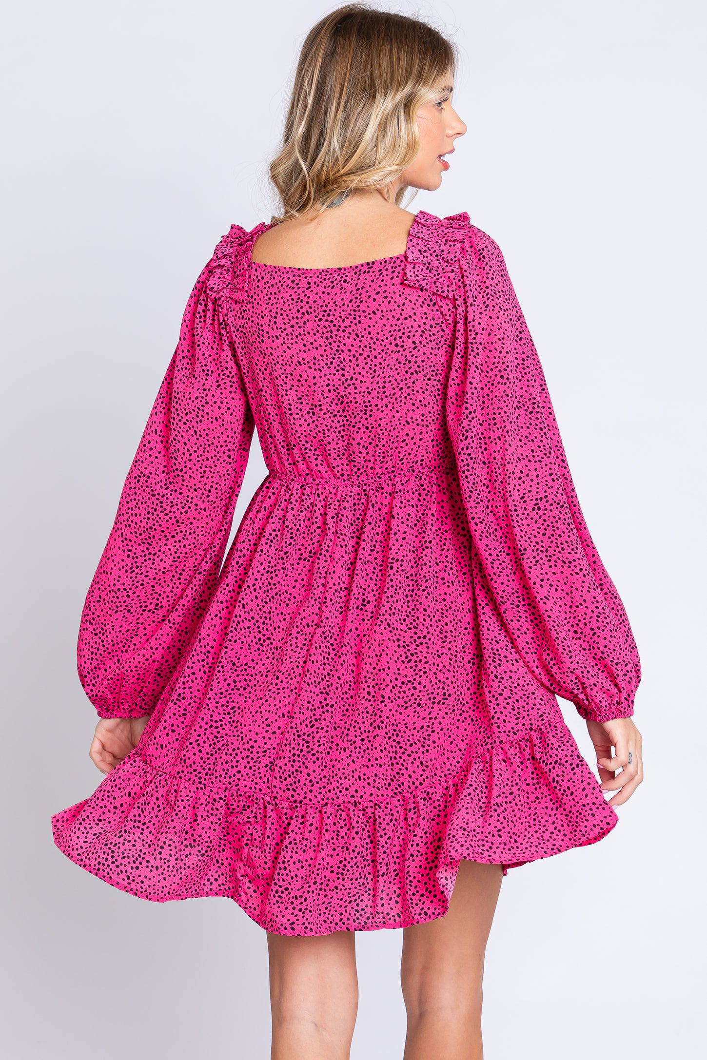 Fuchsia Dot Print Long Sleeve Ruffle Dress
