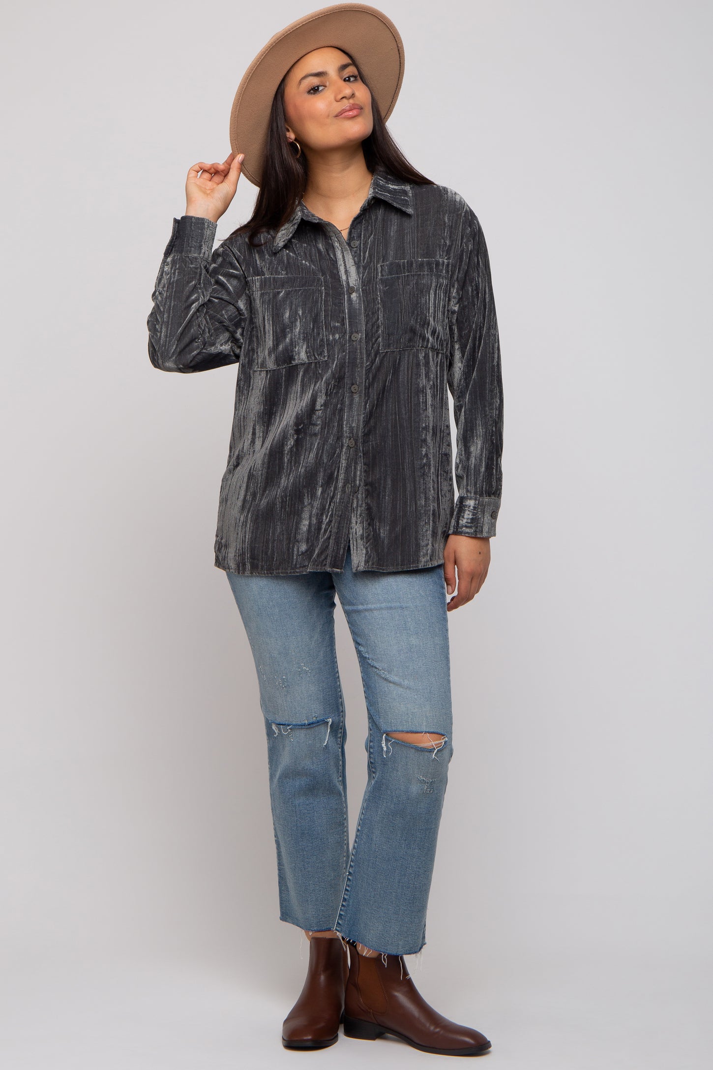 Charcoal Button Up Velvet Top