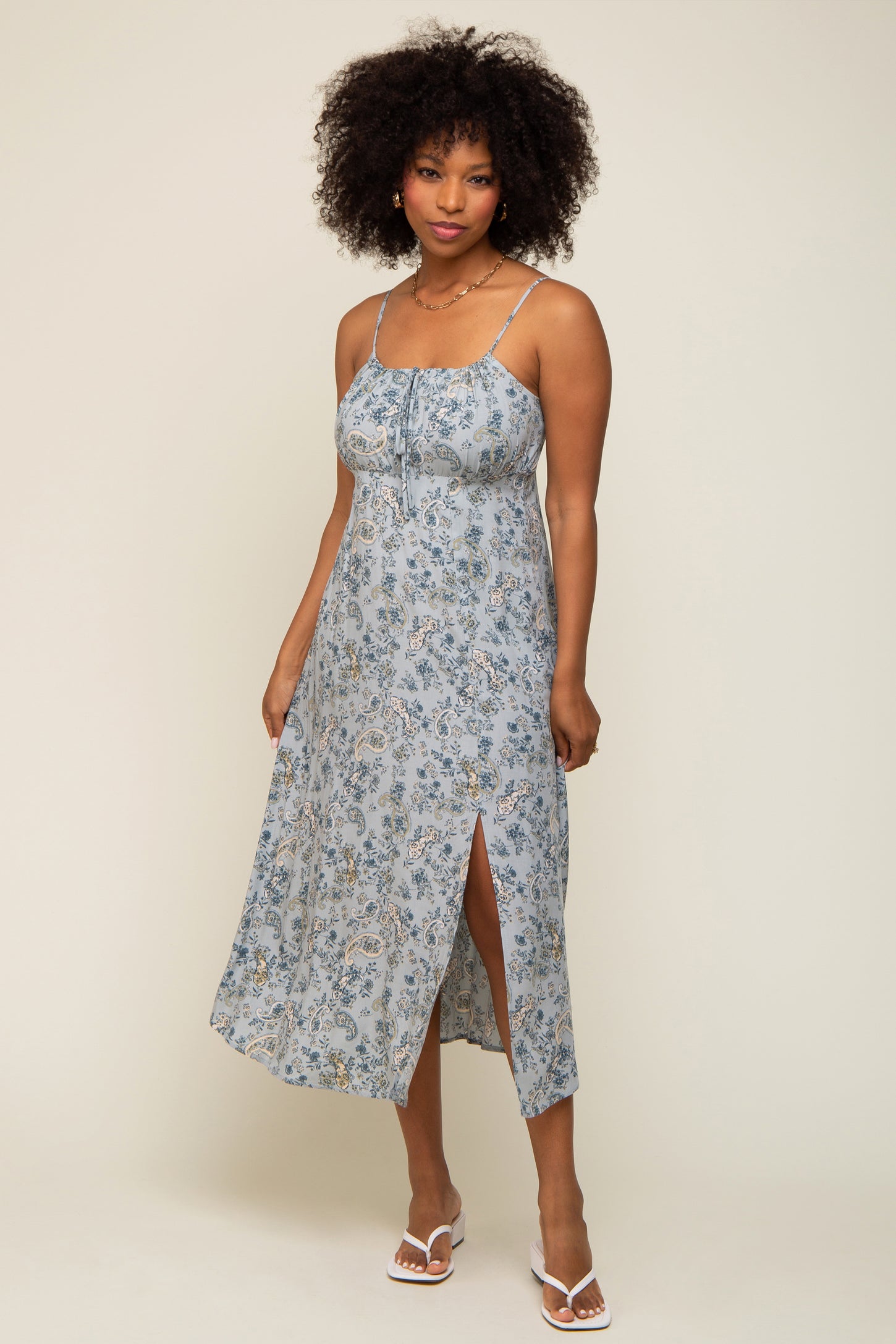 Light Blue Paisley Front Tie Maternity Midi Dress