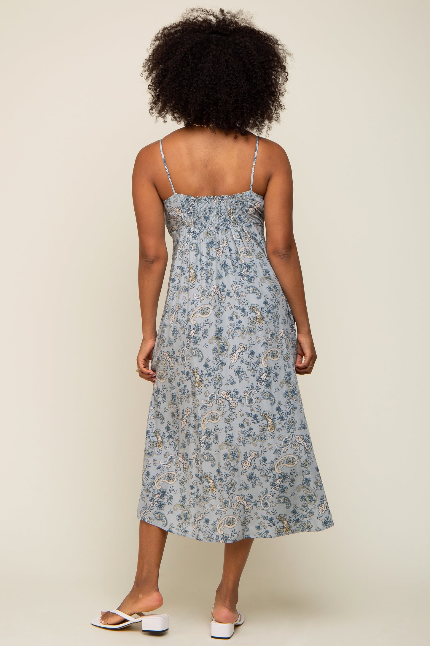 Light Blue Paisley Front Tie Midi Dress