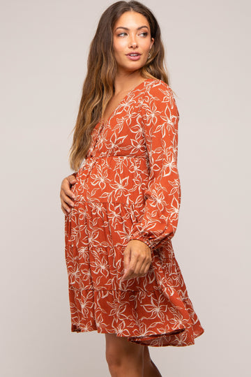 Rust Floral Button Front Tiered Maternity Dress