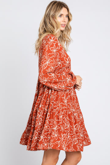 Rust Floral Button Front Tiered Dress