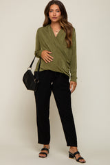 Olive Draped Wrap Maternity Knit Blouse