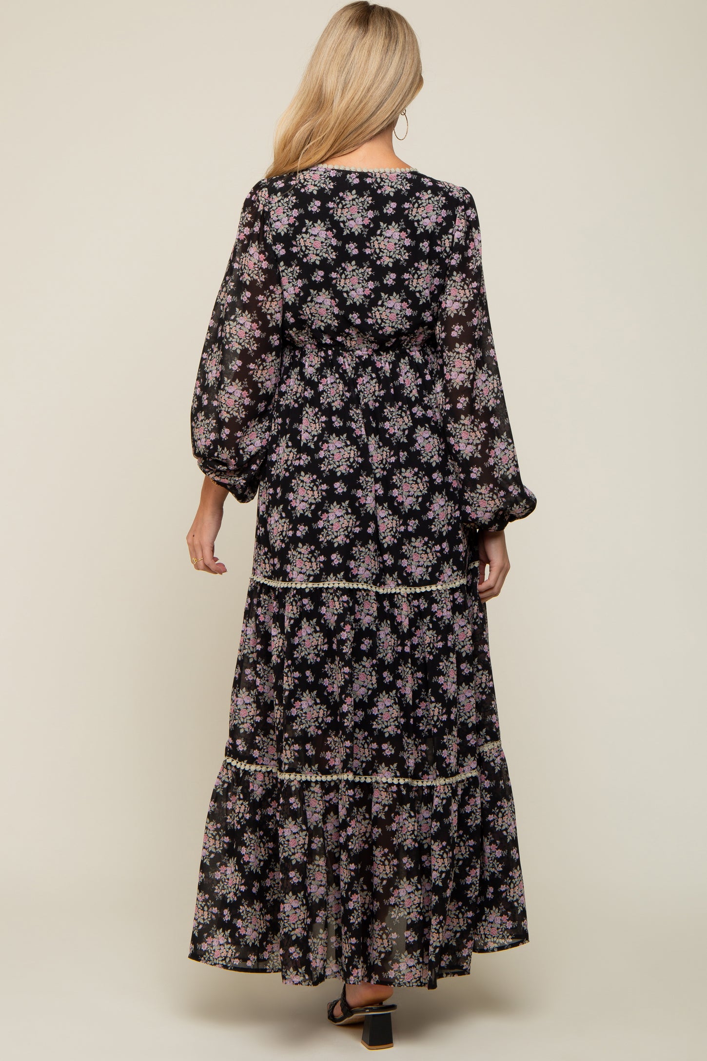 Black Floral Button Front Maternity Maxi Dress