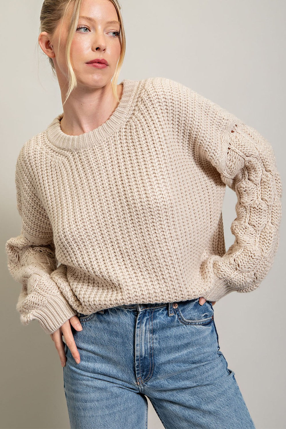 Beige Cable Knit Sleeve Maternity Sweater