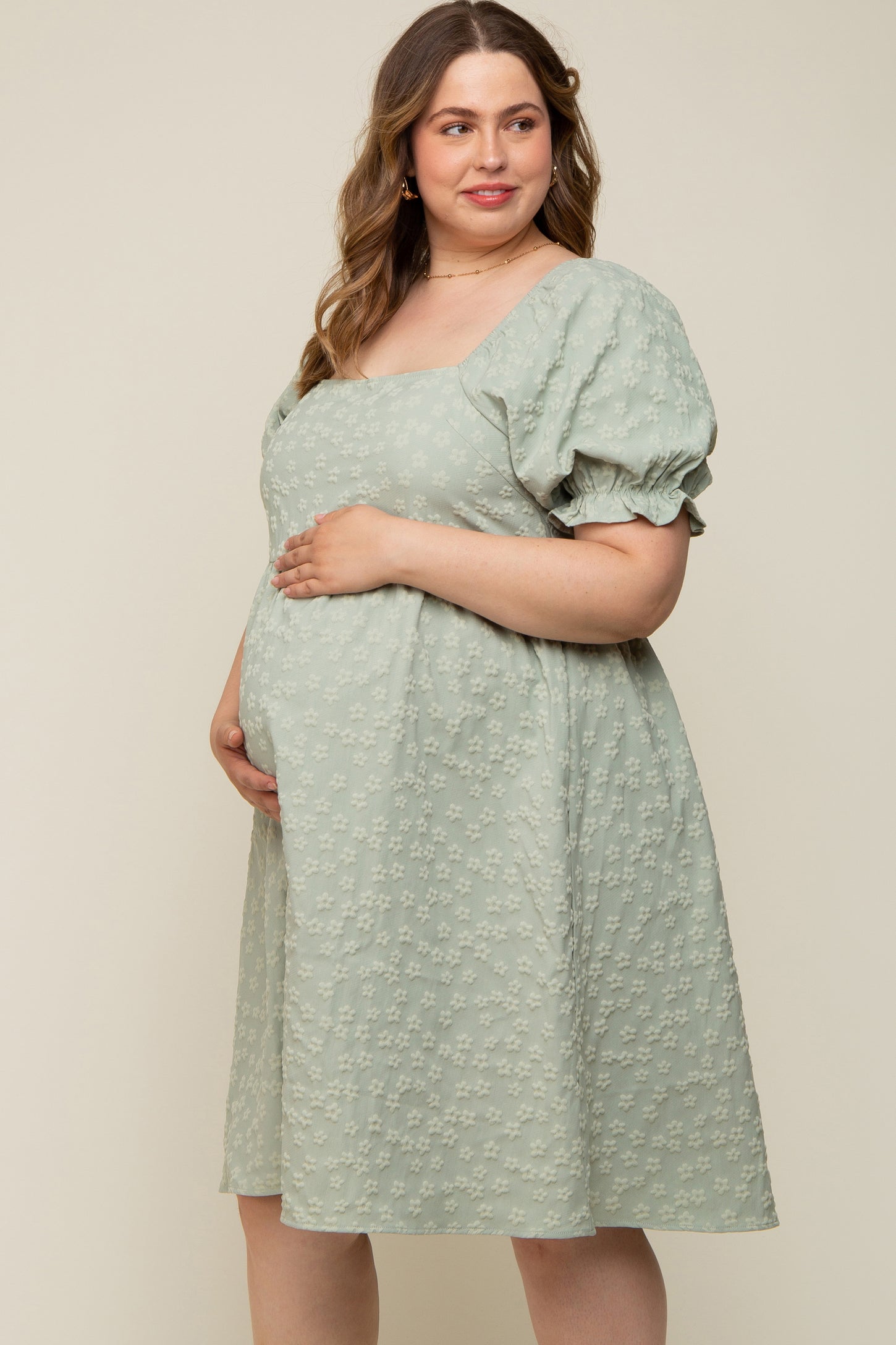 Light Olive Floral Textured Square Neck Babydoll Maternity Plus Dress PinkBlush Light Olive Floral Textured Square Neck Babydoll Maternity Plus Dress PinkBlush