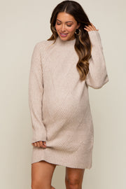Beige Knit Long Sleeve Maternity Sweater Dress