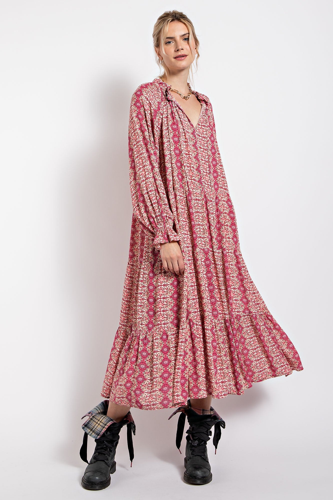 Pink Floral Front Tie Tiered Midi Dress