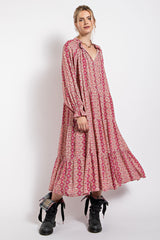 Pink Floral Front Tie Tiered Midi Dress