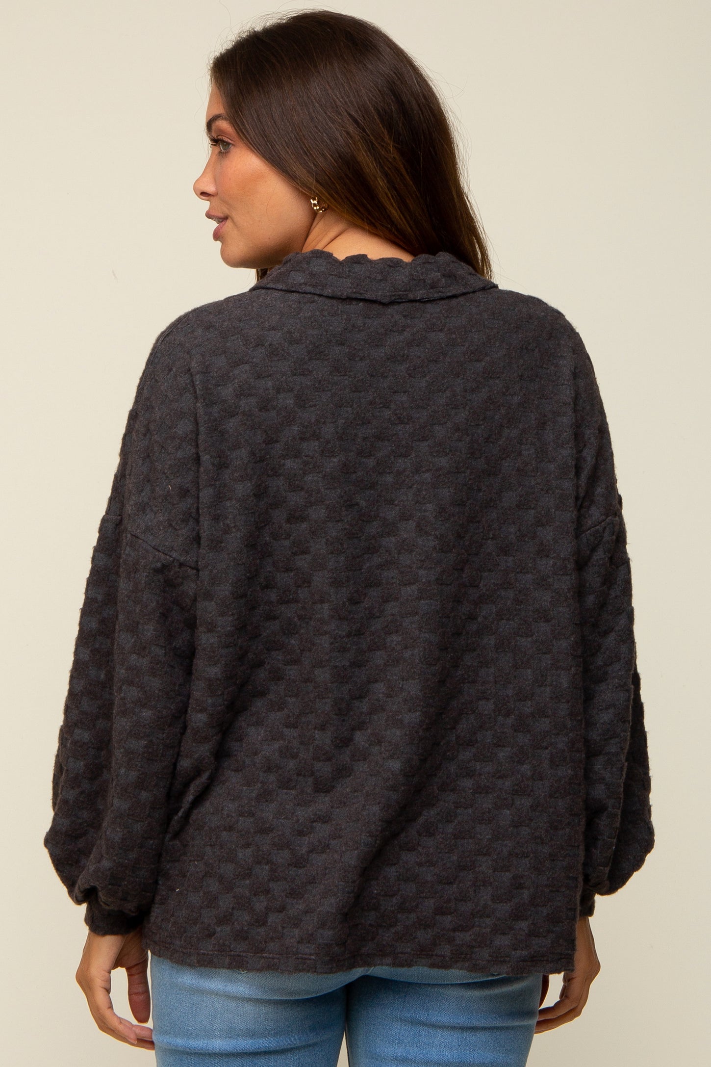 Charcoal Fuzzy Checkered Button Front Maternity Top