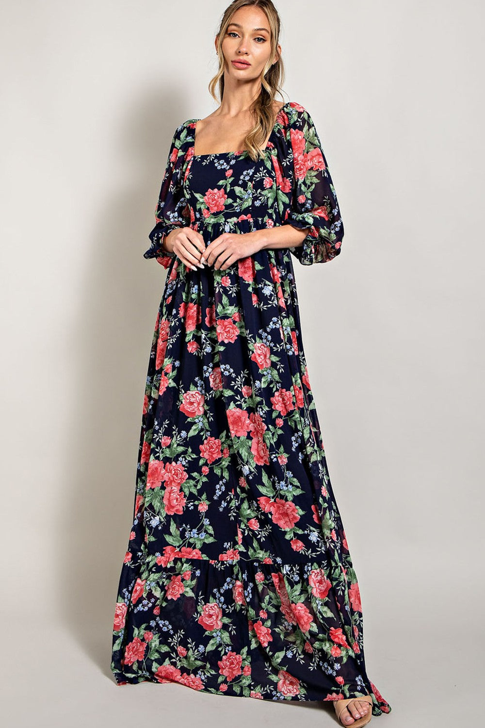 Navy Blue Floral Chiffon Square Neck 3/4 Ruffle Sleeve Maternity Maxi Dress