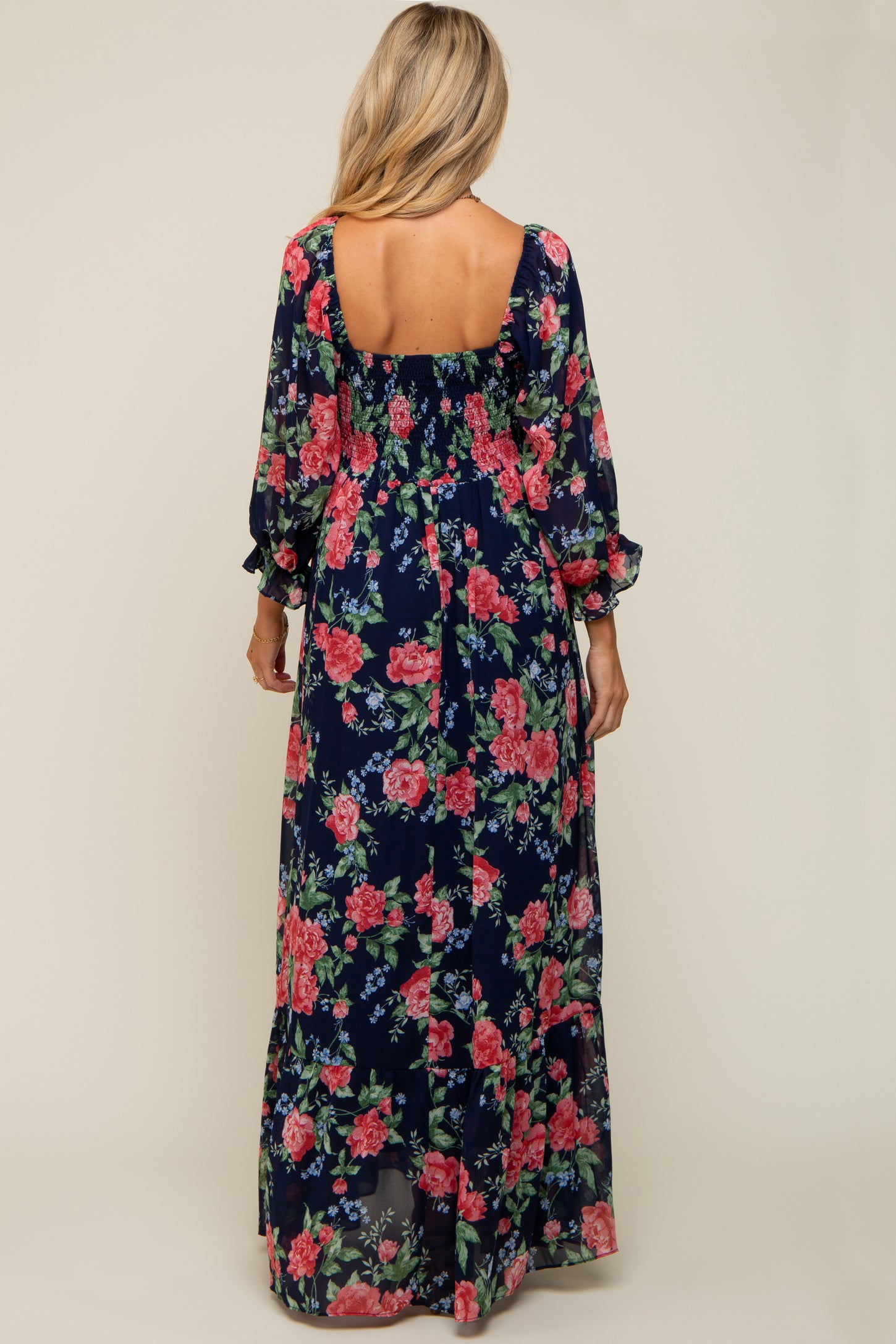 Navy Blue Floral Chiffon Square Neck 3/4 Ruffle Sleeve Maternity Maxi Dress