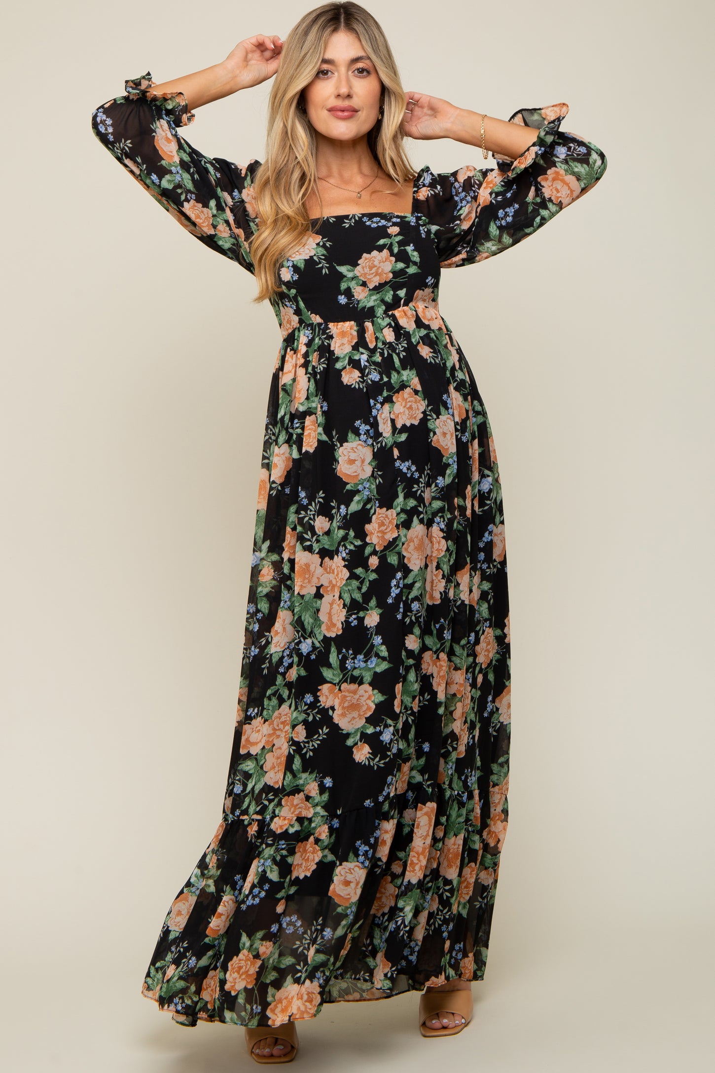 Black Floral Chiffon Square Neck 3/4 Ruffle Sleeve Maternity Maxi Dress
