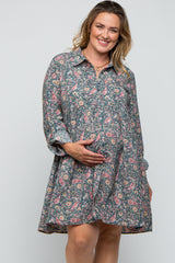 Teal Floral Paisley Button Up Maternity Plus Dress