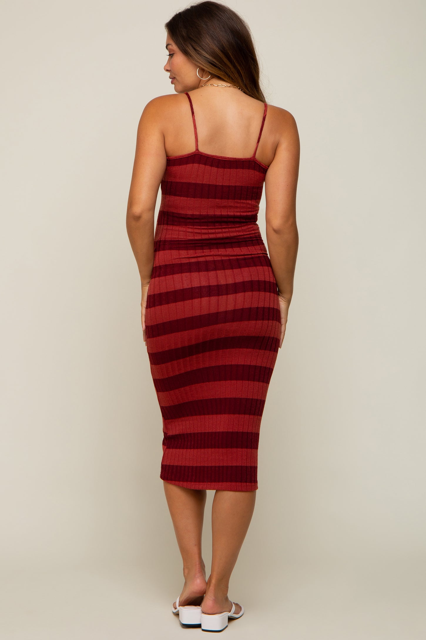 Rust Striped Rib Knit Maternity Midi Dress