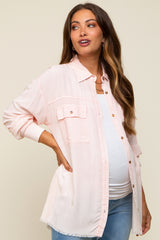Peach Collared Button Front Raw Hem Maternity Top