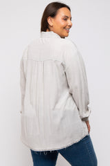 Grey Button Up Fringe Hem Plus Top