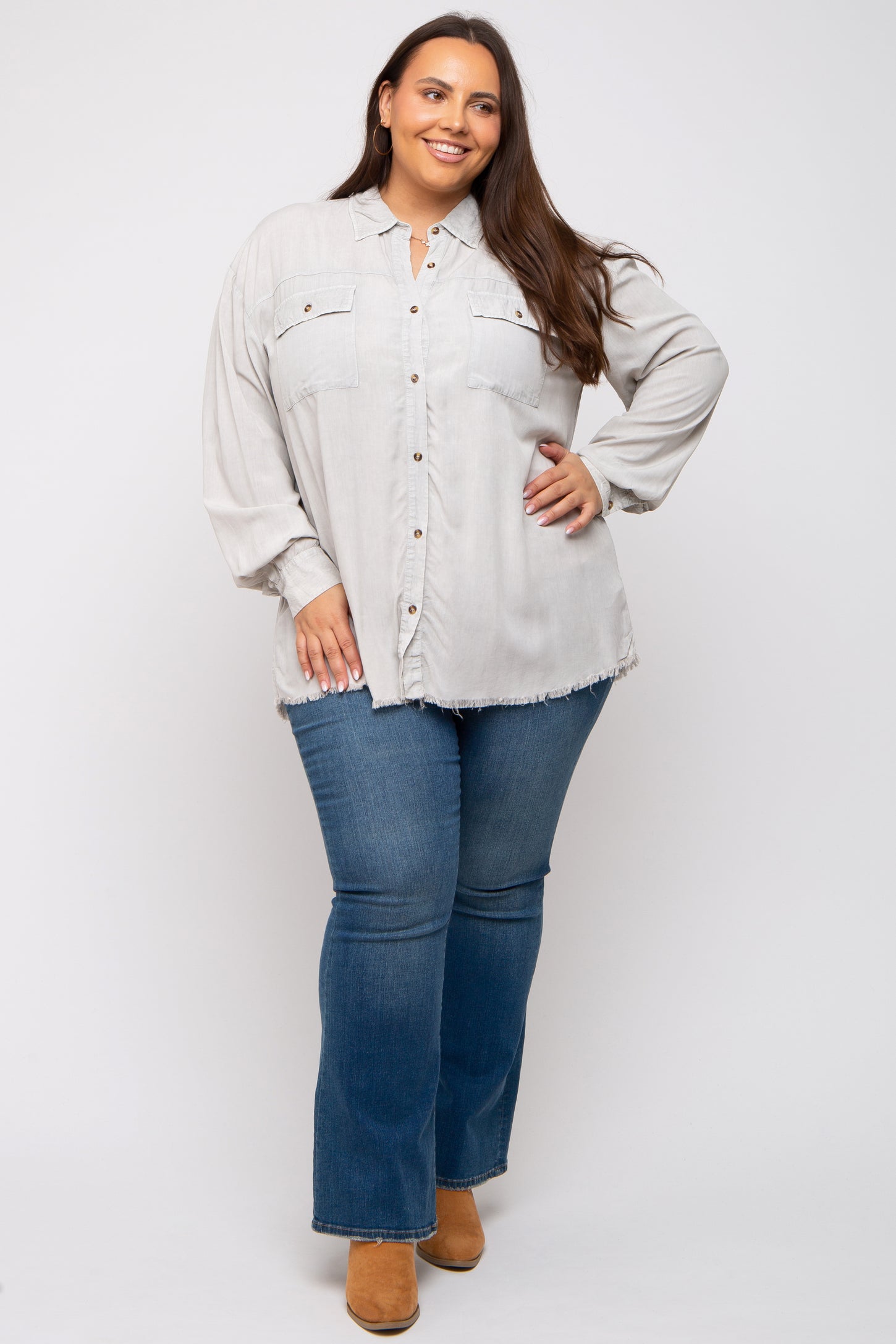 Grey Button Up Fringe Hem Plus Top