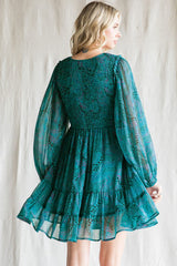 Teal Printed Smocked Long Sleeve Dress
