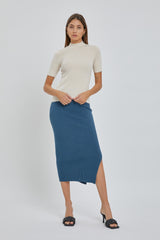 Teal Ribbed Fitted Side Slit Midi Skirt