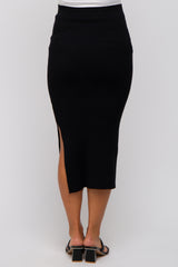 Black Ribbed Fitted Side Slit Maternity Midi Skirt