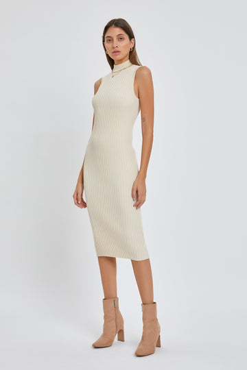 Beige Ribbed Fitted Mock Neck Dress