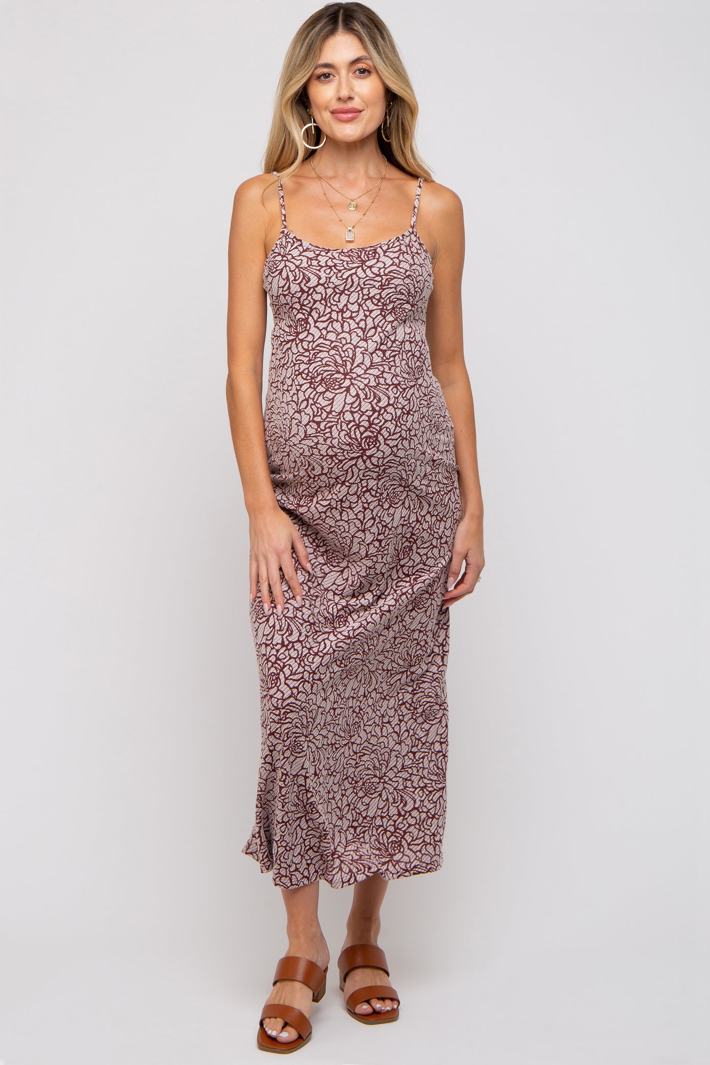 Burgundy Floral Sleeveless Maternity Maxi Dress