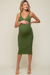 Olive Sleeveless V-Neck Maternity Sweater Dress