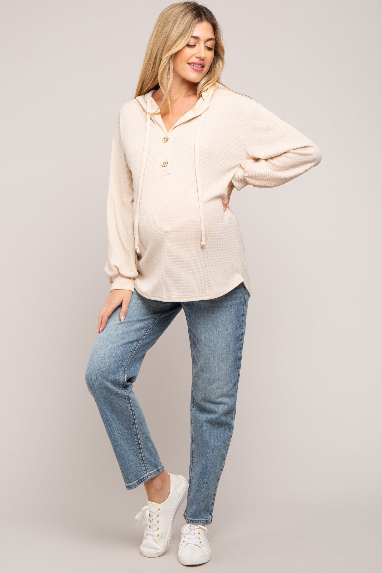 Beige Button Accent Hooded Maternity Henley Top
