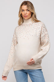 Beige Knit Sequin Mock Neck Maternity Sweater