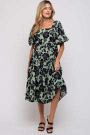 Mint Green Floral Puff Sleeve Tiered Maternity Dress
