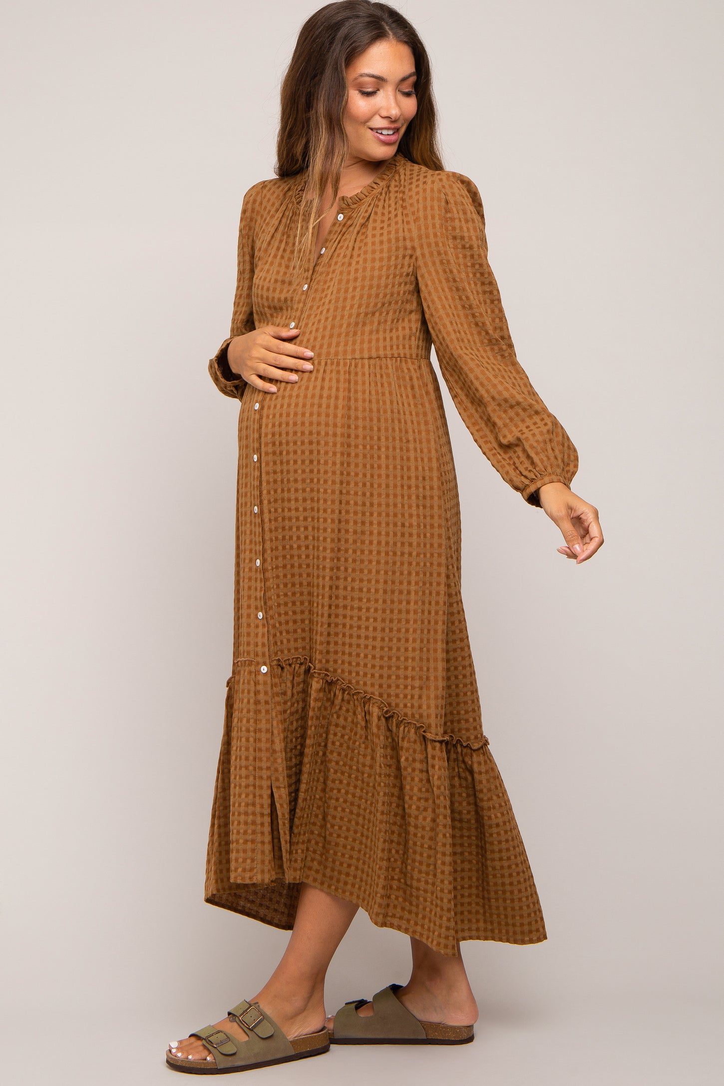 Mocha Gingham Button Maternity Midi Dress