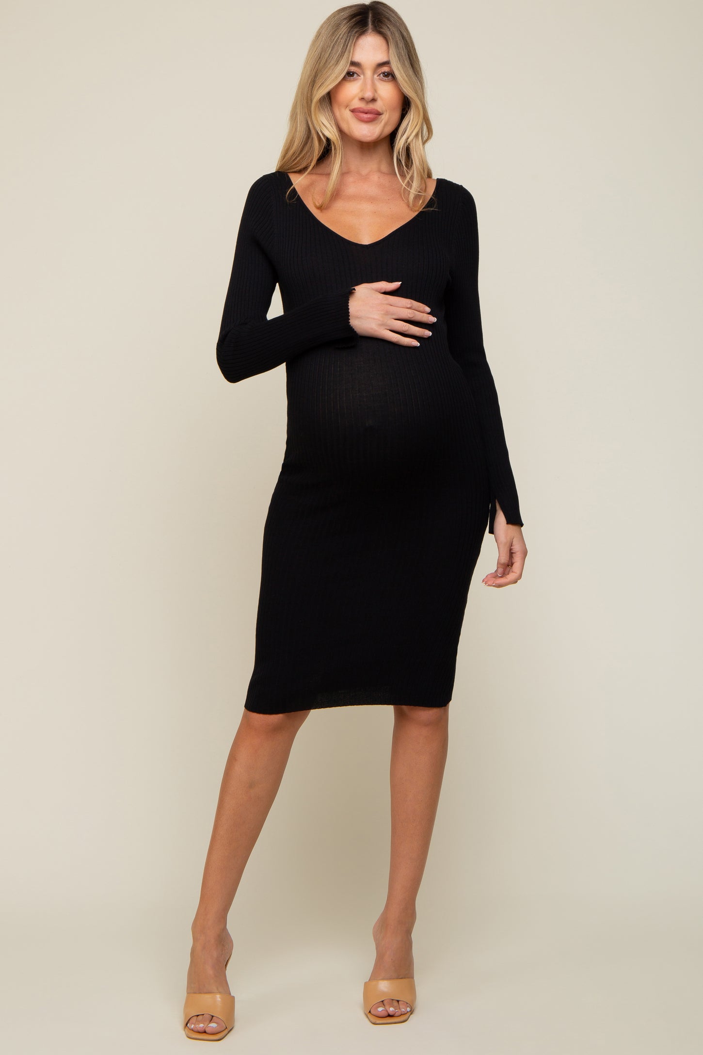 Black Ribbed Knit Long Sleeve Fitted Maternity Dress
