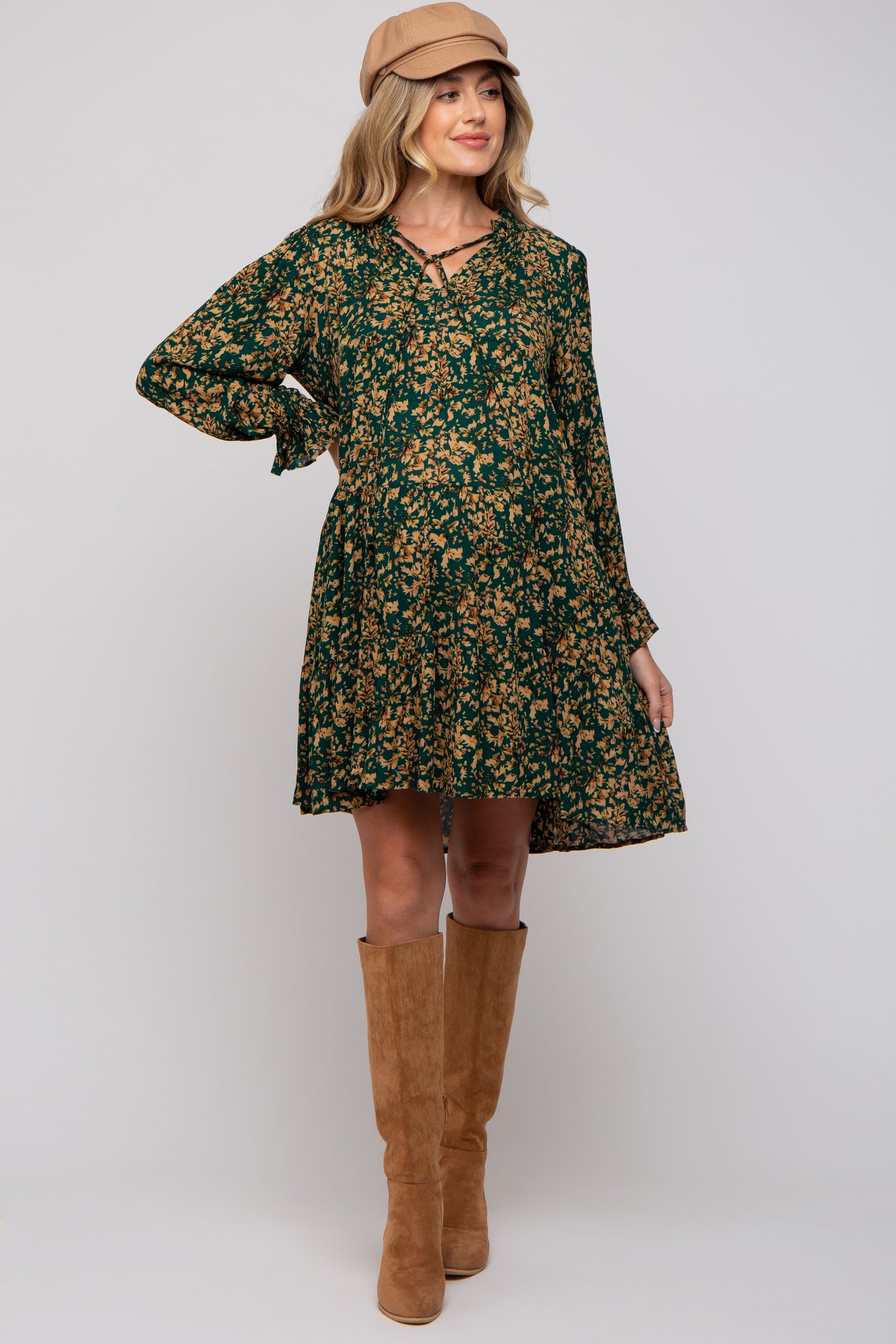 Forest Green Leaf Print Long Sleeve Maternity Dress