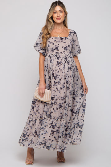 Navy Blue Floral Square Neck Short Puff Sleeve Maternity Maxi Dress