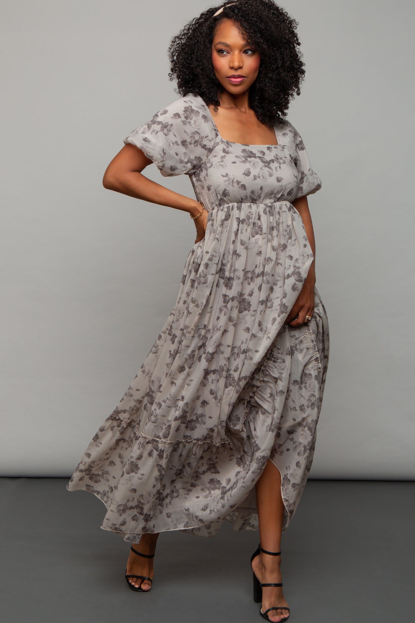 Grey Floral Square Neck Short Puff Sleeve Maternity Maxi Dress Grey Floral Square Neck Short Puff Sleeve Maternity Maxi Dress