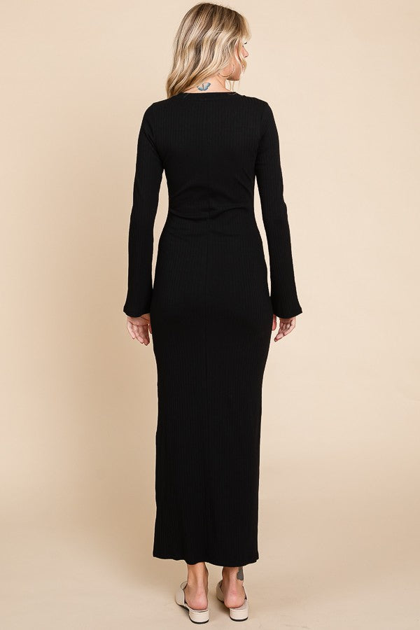 Black Ribbed Side Slit Maxi Dress
