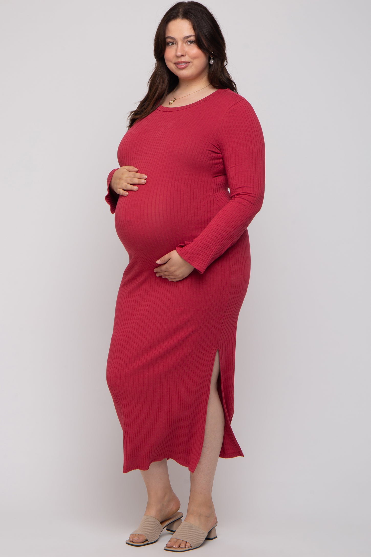 Red Ribbed Side Slit Maternity Plus Maxi Dress