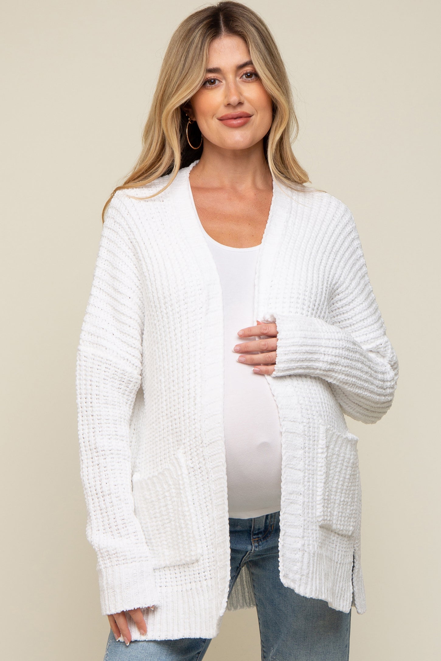 White Brushed Chenille Knit Maternity Cardigan