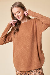 Camel Ribbed Round Hem Button Top