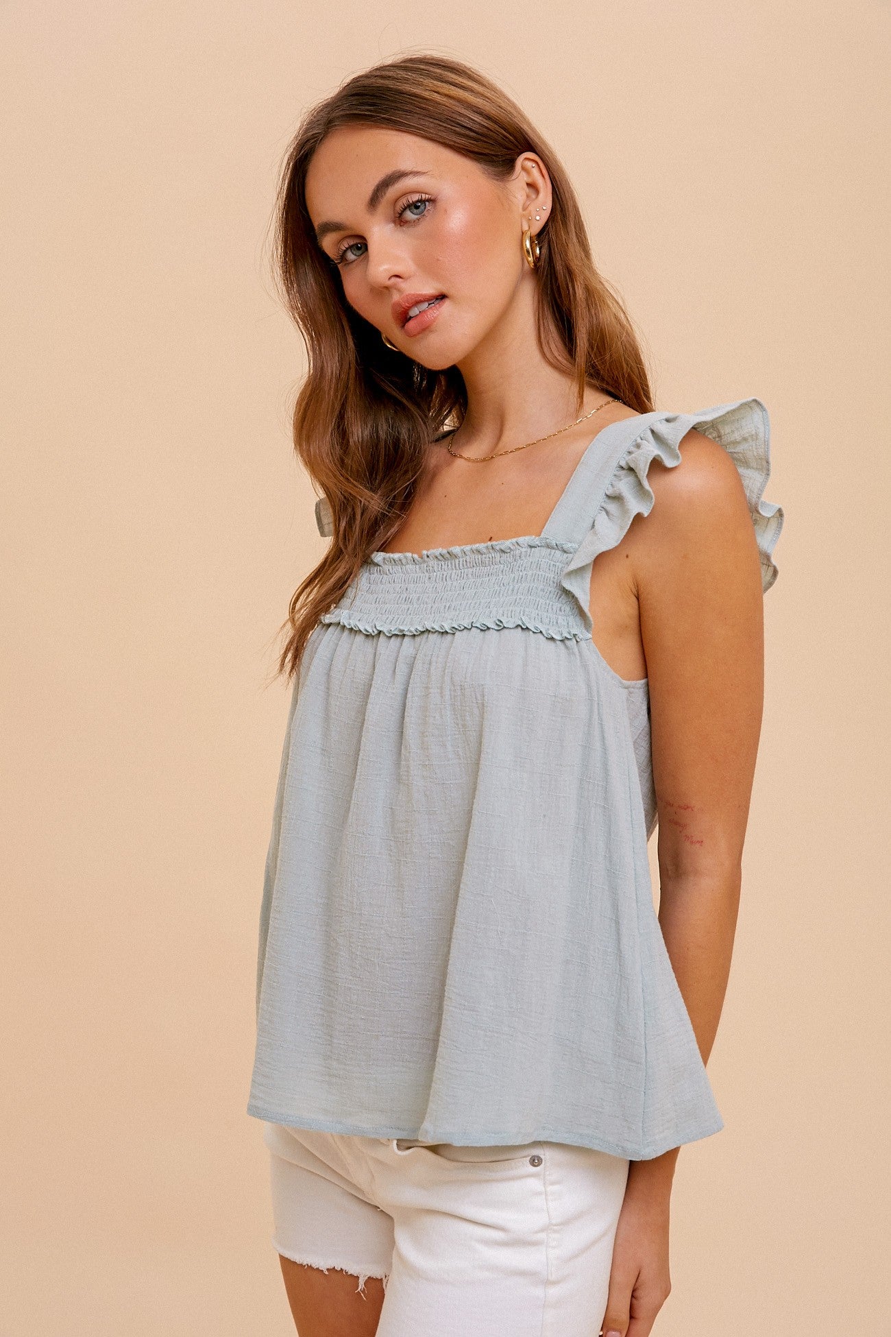 Mint Smocked Yoke Ruffle Sleeveless Blouse