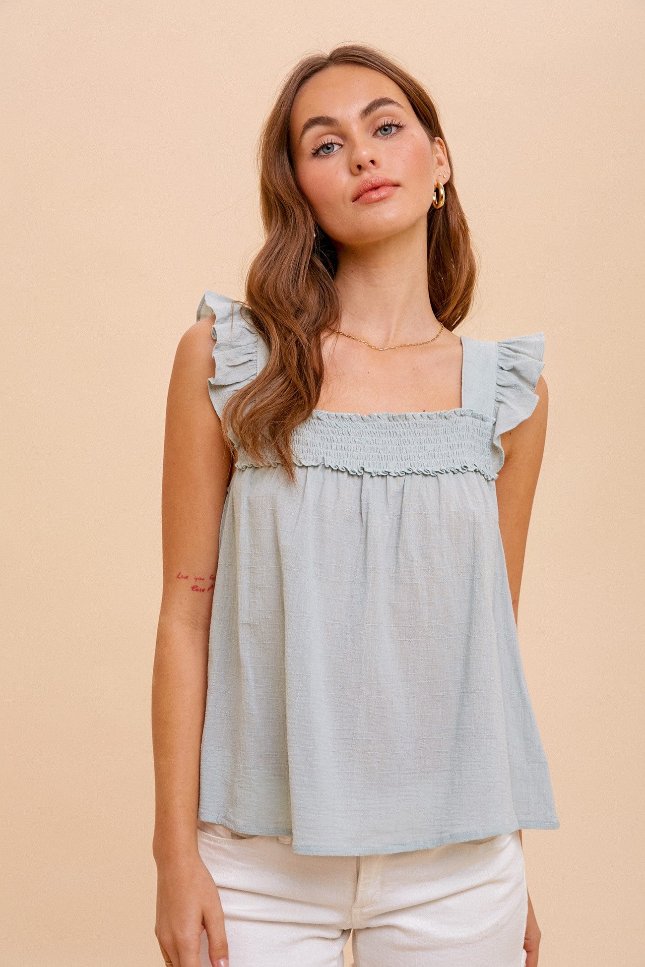 Mint Smocked Yoke Ruffle Sleeveless Blouse