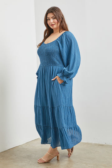 Blue Textured Stripe Smocked Square Neck Plus Midi Dress