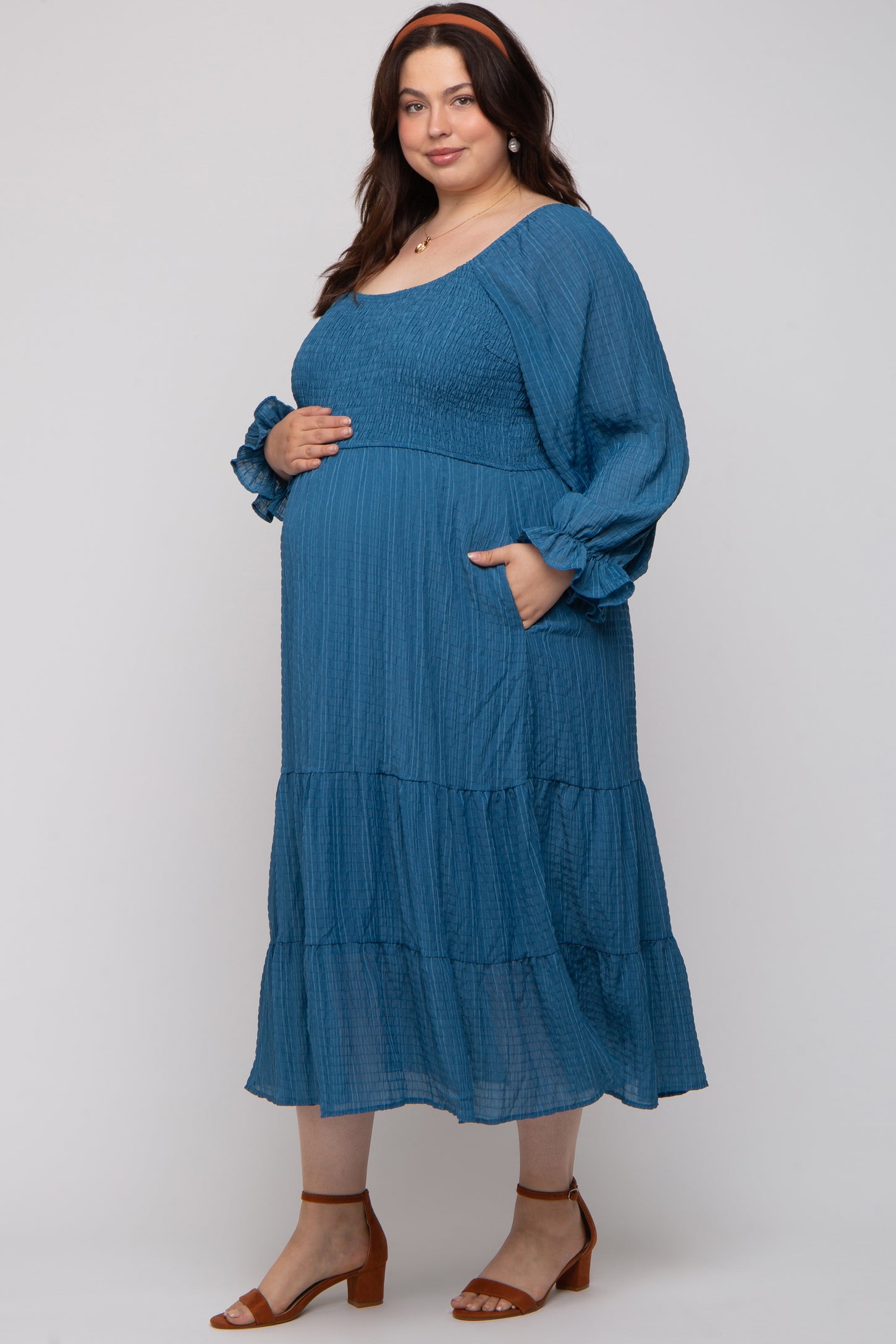 Blue Textured Stripe Smocked Square Neck Maternity Plus Midi Dress