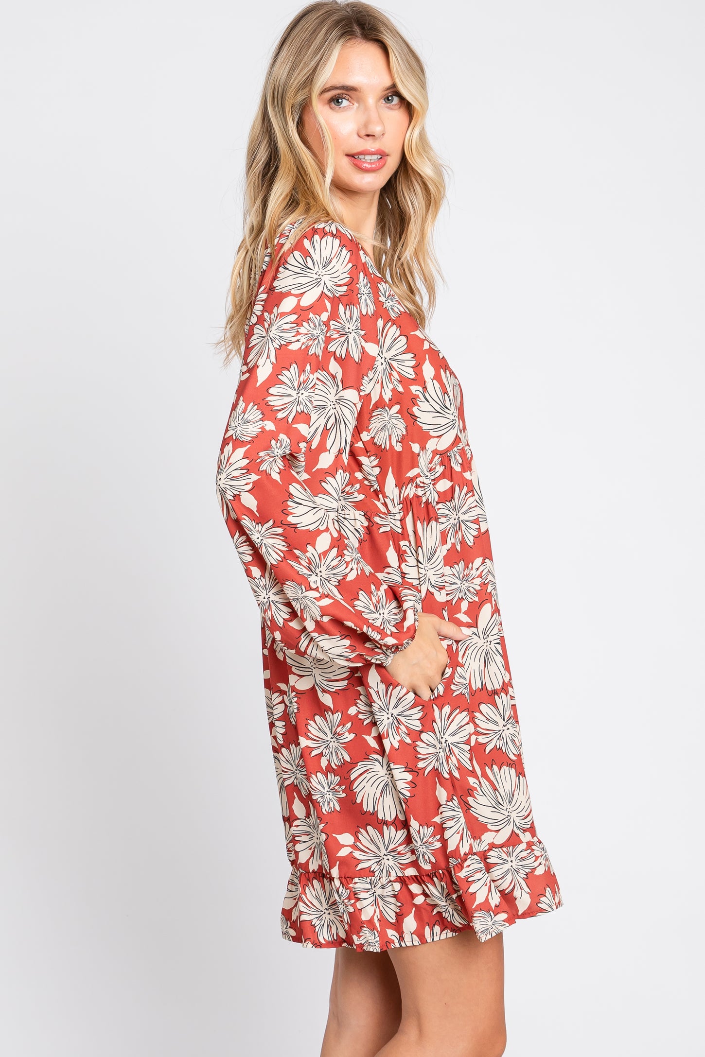 Rust Floral V-Neck Long Sleeve Dress